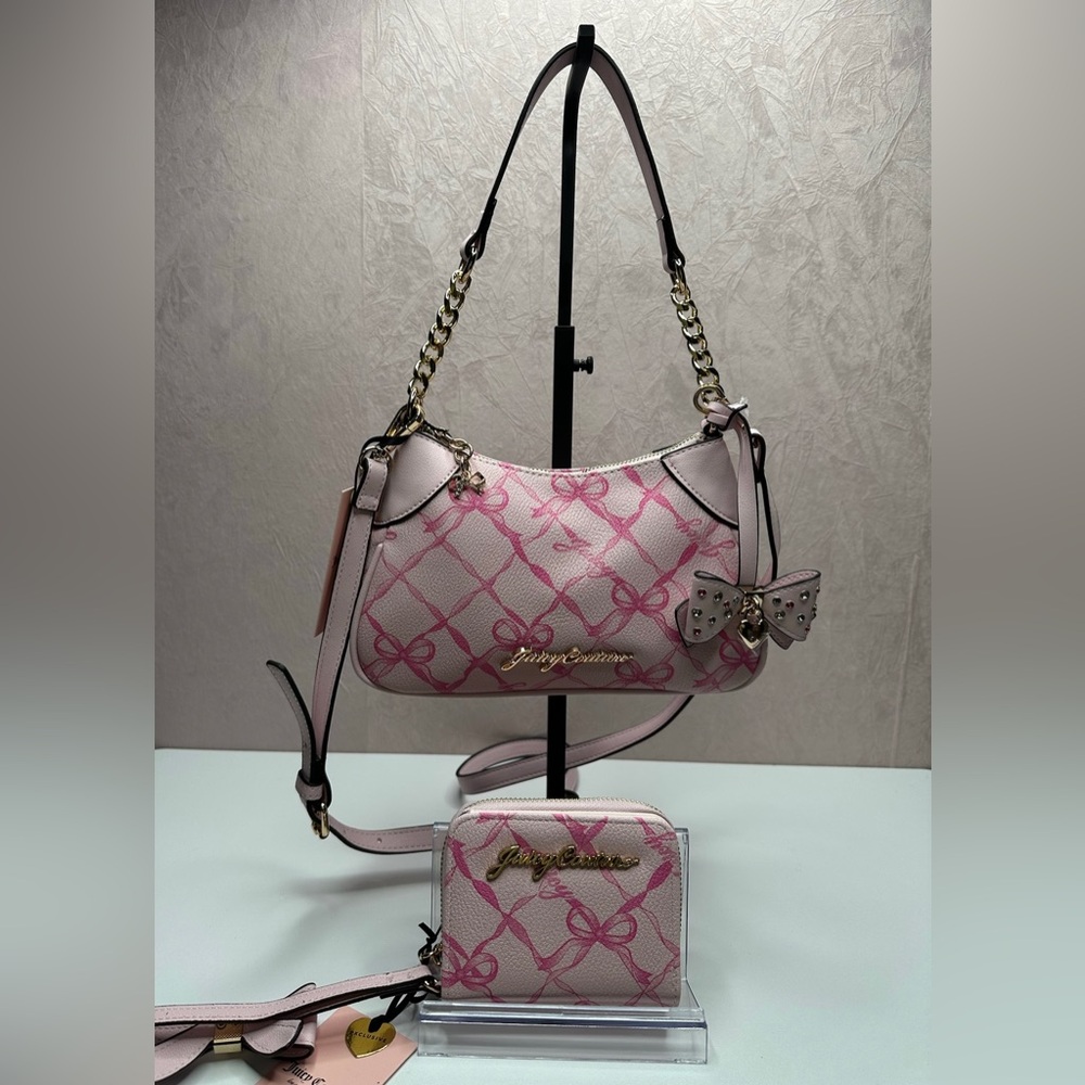 JUST IN!!  Juicy Couture Chiffon Pink Lovely Bows Shoulder and Wallet Set HTF